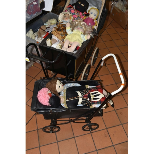 625 - ONE BOX OF DOLLS CLOTHES AND TWO VINTAGE DOLL'S PRAMS, to include a very large quantity of assorted ... 