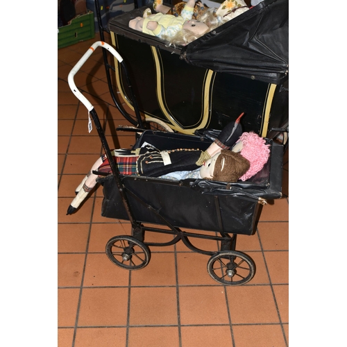 625 - ONE BOX OF DOLLS CLOTHES AND TWO VINTAGE DOLL'S PRAMS, to include a very large quantity of assorted ... 