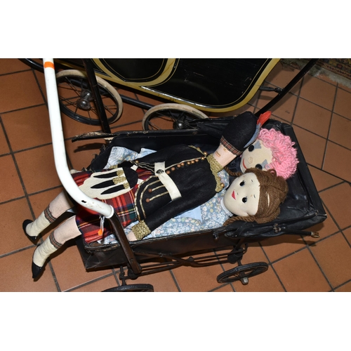 625 - ONE BOX OF DOLLS CLOTHES AND TWO VINTAGE DOLL'S PRAMS, to include a very large quantity of assorted ... 