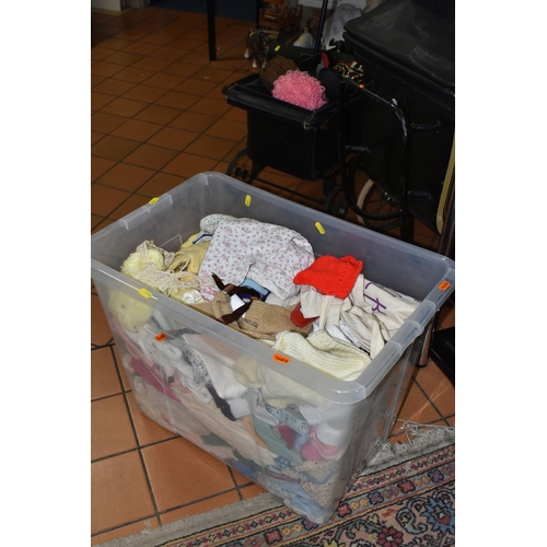 625 - ONE BOX OF DOLLS CLOTHES AND TWO VINTAGE DOLL'S PRAMS, to include a very large quantity of assorted ... 