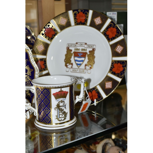 627 - FOUR PIECES OF LIMITED EDITION ROYAL CROWN DERBY, comprising a twin handled cup commissioned by Govi... 