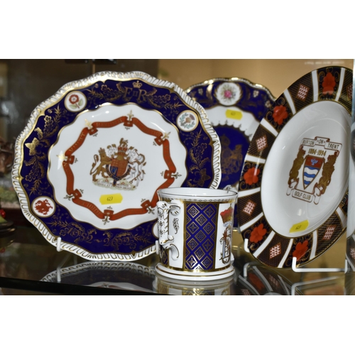 627 - FOUR PIECES OF LIMITED EDITION ROYAL CROWN DERBY, comprising a twin handled cup commissioned by Govi... 