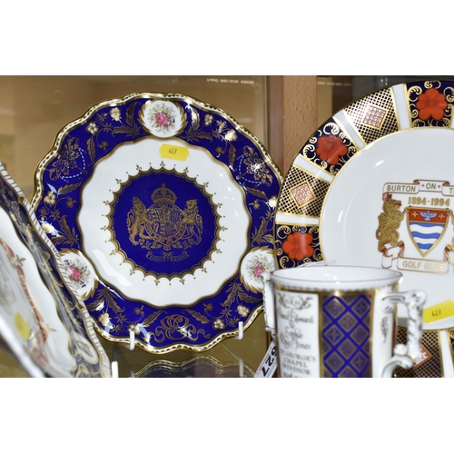 627 - FOUR PIECES OF LIMITED EDITION ROYAL CROWN DERBY, comprising a twin handled cup commissioned by Govi... 