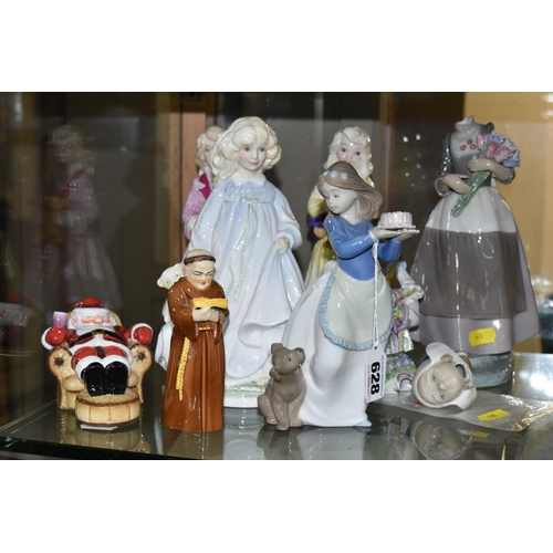 628 - EIGHT FIGURINES OF GIRLS, LADIES AND FATHER CHRISTMAS, ETC, comprising a set of three Royal Doulton ... 