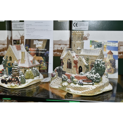 634 - FOUR BOXED LILLIPUT LANE ILLUMINATED COTTAGES COLLECTION SNOW COTTAGES, comprising 'Christmas Shoppi... 