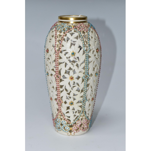 638 - A GRAINGER & CO. ROYAL CHINA WORKS: WORCESTER reticulated jewelled ovoid vase with leaf and flower d... 