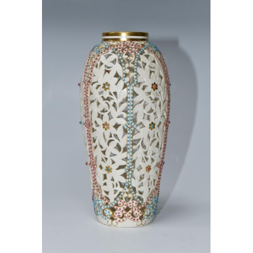 638 - A GRAINGER & CO. ROYAL CHINA WORKS: WORCESTER reticulated jewelled ovoid vase with leaf and flower d... 