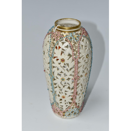 638 - A GRAINGER & CO. ROYAL CHINA WORKS: WORCESTER reticulated jewelled ovoid vase with leaf and flower d... 