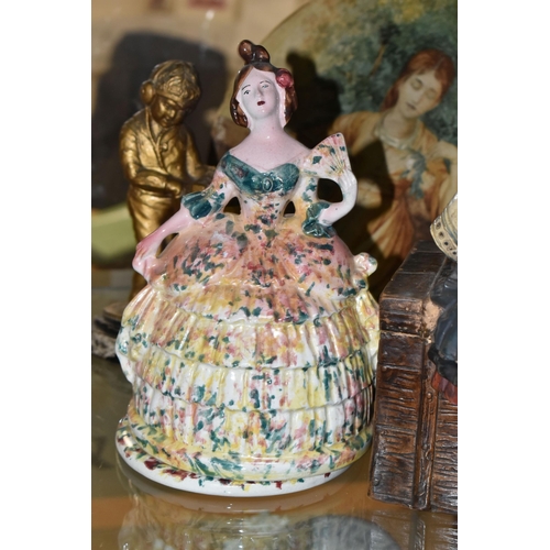 639 - TWO 19TH CENTURY STAFFORDSHIRE LADIES BOUDOIR POTS, crinoline ladies with pots underneath the skirt ... 