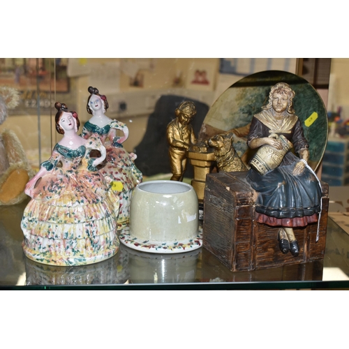 639 - TWO 19TH CENTURY STAFFORDSHIRE LADIES BOUDOIR POTS, crinoline ladies with pots underneath the skirt ... 