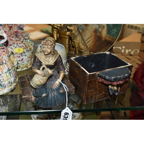 639 - TWO 19TH CENTURY STAFFORDSHIRE LADIES BOUDOIR POTS, crinoline ladies with pots underneath the skirt ... 