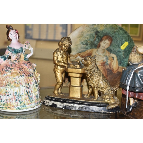 639 - TWO 19TH CENTURY STAFFORDSHIRE LADIES BOUDOIR POTS, crinoline ladies with pots underneath the skirt ... 