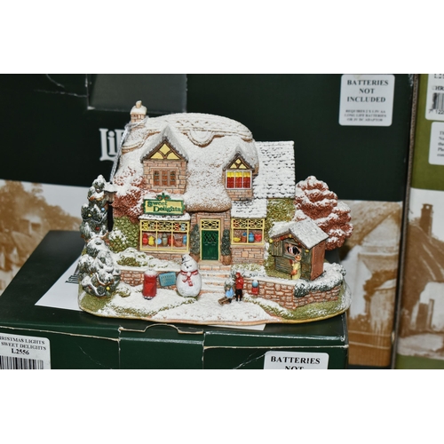 640 - FOUR BOXED LILLIPUT LANE ILLUMINATED COTTAGES COLLECTION SNOW COTTAGES, comprising 'Christmas Lights... 