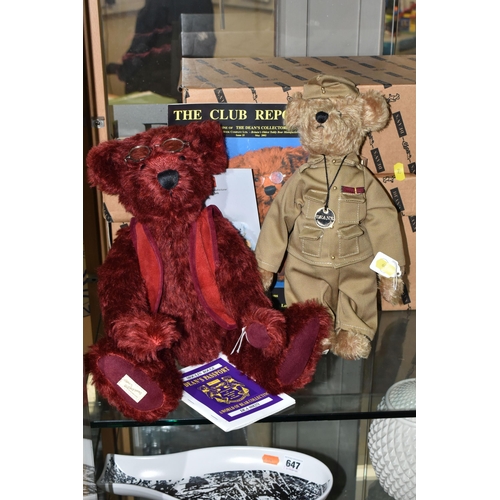 642 - TWO BOXED DEAN'S RAG BOOK TEDDY BEARS, comprising 'Moulin Rouge' a red plush bear wearing a red sued... 