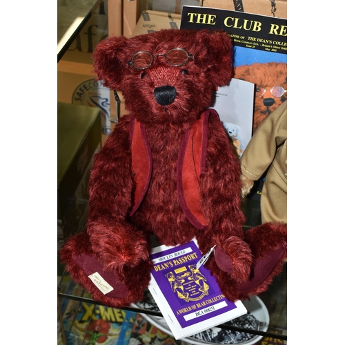 642 - TWO BOXED DEAN'S RAG BOOK TEDDY BEARS, comprising 'Moulin Rouge' a red plush bear wearing a red sued... 