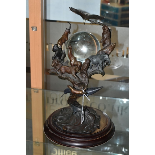 643 - A BRONZE FRANKLIN MINT SCULPTURE 'GUARDIANS OF THE WORLD' CRYSTAL BALL, by Steven Lord, a central cr... 