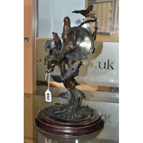 643 - A BRONZE FRANKLIN MINT SCULPTURE 'GUARDIANS OF THE WORLD' CRYSTAL BALL, by Steven Lord, a central cr... 