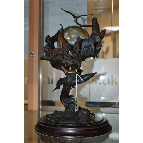 643 - A BRONZE FRANKLIN MINT SCULPTURE 'GUARDIANS OF THE WORLD' CRYSTAL BALL, by Steven Lord, a central cr... 