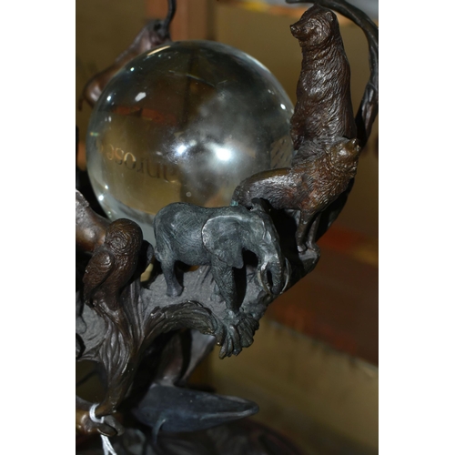 643 - A BRONZE FRANKLIN MINT SCULPTURE 'GUARDIANS OF THE WORLD' CRYSTAL BALL, by Steven Lord, a central cr... 