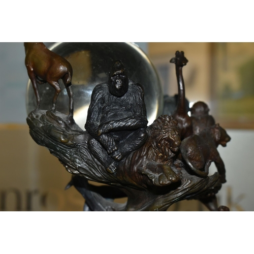 643 - A BRONZE FRANKLIN MINT SCULPTURE 'GUARDIANS OF THE WORLD' CRYSTAL BALL, by Steven Lord, a central cr... 