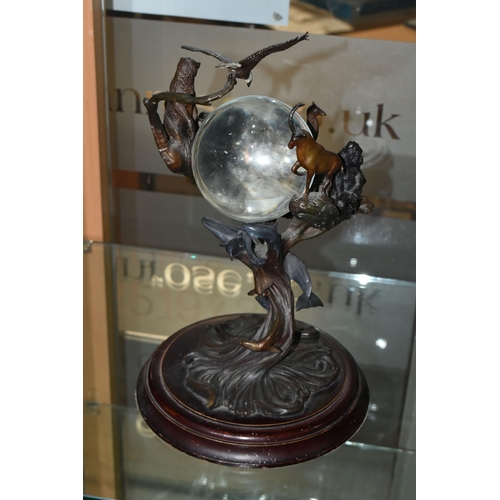 643 - A BRONZE FRANKLIN MINT SCULPTURE 'GUARDIANS OF THE WORLD' CRYSTAL BALL, by Steven Lord, a central cr... 