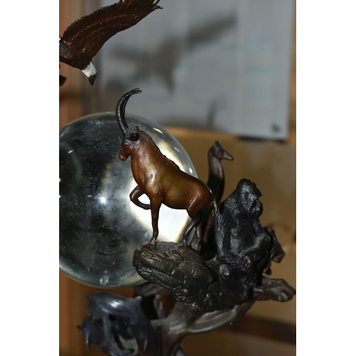 643 - A BRONZE FRANKLIN MINT SCULPTURE 'GUARDIANS OF THE WORLD' CRYSTAL BALL, by Steven Lord, a central cr... 