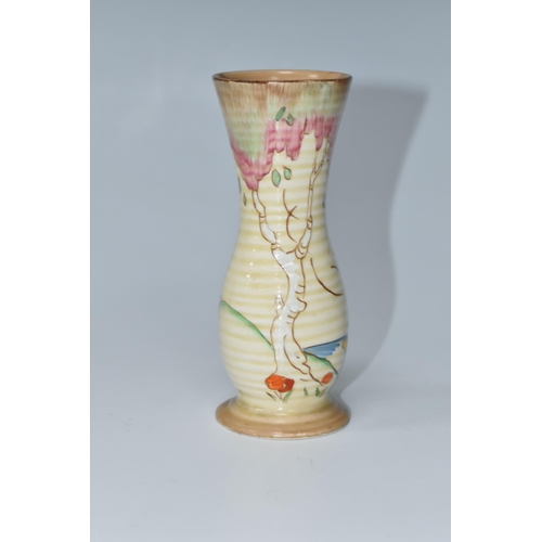 645 - A CLARICE CLIFF 'TAOMINA' PATTERN VASE, the footed ribbed vase of elongated baluster form, painted w... 