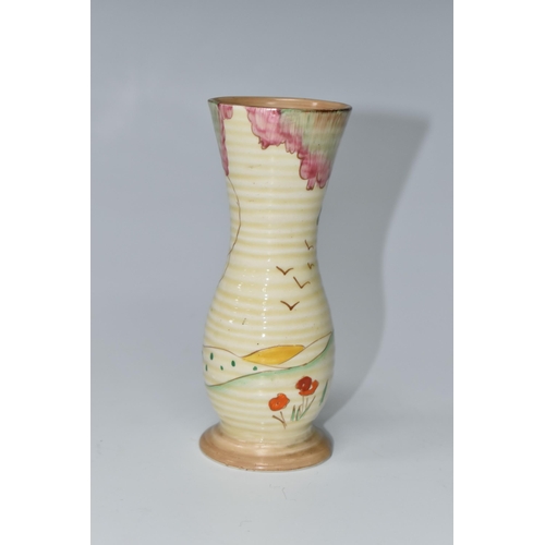 645 - A CLARICE CLIFF 'TAOMINA' PATTERN VASE, the footed ribbed vase of elongated baluster form, painted w... 