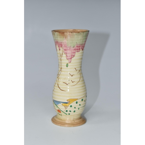 645 - A CLARICE CLIFF 'TAOMINA' PATTERN VASE, the footed ribbed vase of elongated baluster form, painted w... 