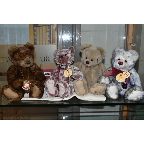 646 - FOUR CHARLIE BEARS TEDDY BEARS, comprising Connor CB35921, Liam CB173725, Laura CB104693 and Elliot ... 