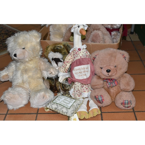 691 - ONE BOX OF SOFT TOYS AND TEDDY BEARS, to include six bears and a duck and a collectable Kaycee Bear ... 