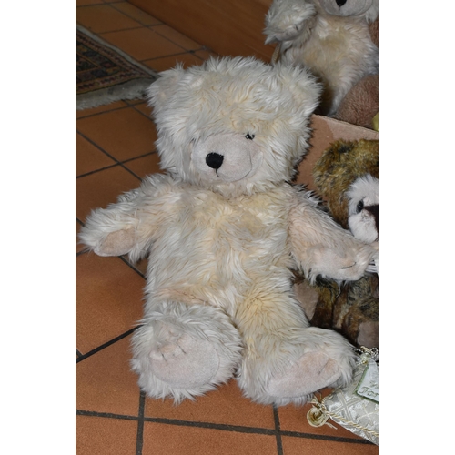 691 - ONE BOX OF SOFT TOYS AND TEDDY BEARS, to include six bears and a duck and a collectable Kaycee Bear ... 