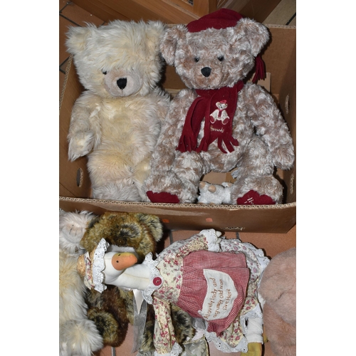 691 - ONE BOX OF SOFT TOYS AND TEDDY BEARS, to include six bears and a duck and a collectable Kaycee Bear ... 