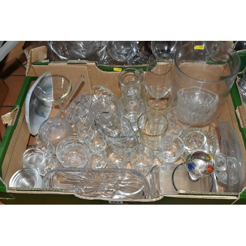 694 - FOUR BOXES OF GLASSWARE, to include drinking glasses, vases, photo frames, a light bulb shaped Galil... 