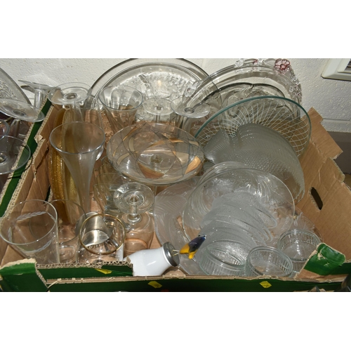 694 - FOUR BOXES OF GLASSWARE, to include drinking glasses, vases, photo frames, a light bulb shaped Galil... 