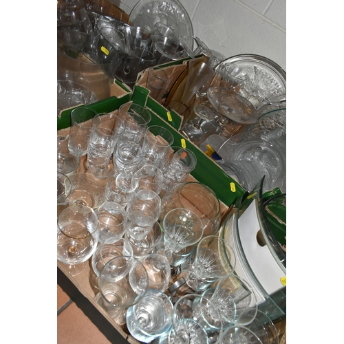 694 - FOUR BOXES OF GLASSWARE, to include drinking glasses, vases, photo frames, a light bulb shaped Galil... 