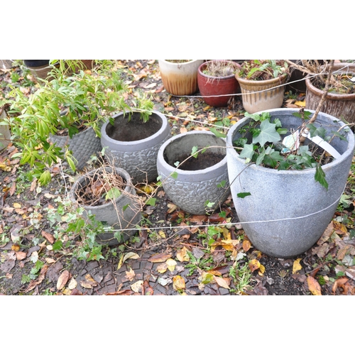 1016 - A PAIR OF GREY PAINTED COMPOSITE PLANTERS, diameter 36cm x height 32cm, along with three reinforced ... 