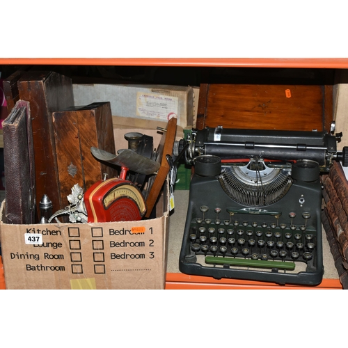 437 - TWO BOXES AND LOOSE TYPEWRITER, SCALES, BELL AND SUNDRY ITEMS, to include a Bar-Lock Model 22 typewr... 