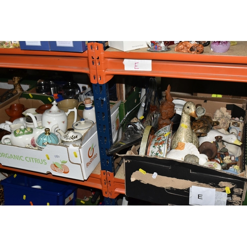 498 - FOUR BOXES OF CERAMICS AND GLASSWARE, to include a collection of novelty teapots, drinking glasses, ... 