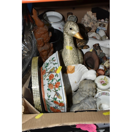 498 - FOUR BOXES OF CERAMICS AND GLASSWARE, to include a collection of novelty teapots, drinking glasses, ... 