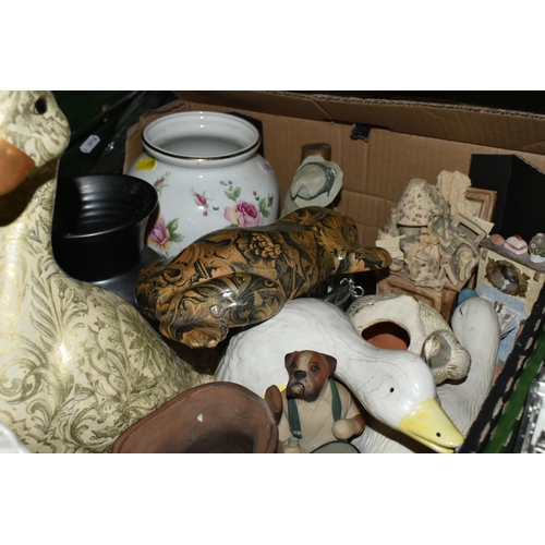 498 - FOUR BOXES OF CERAMICS AND GLASSWARE, to include a collection of novelty teapots, drinking glasses, ... 