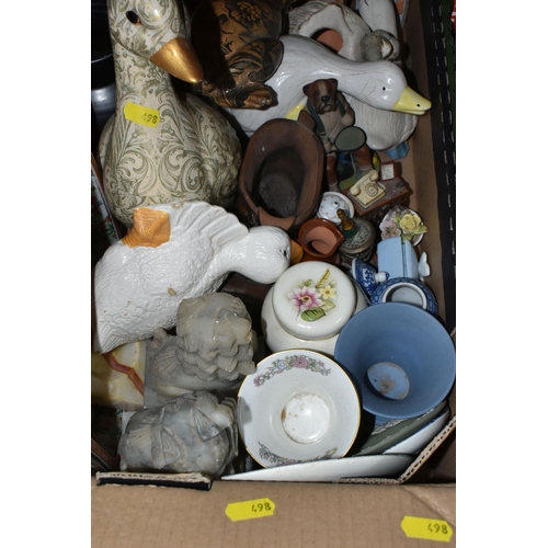 498 - FOUR BOXES OF CERAMICS AND GLASSWARE, to include a collection of novelty teapots, drinking glasses, ... 