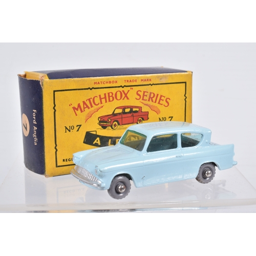 77 - SEVEN BOXED MOKO LESNEY MATCHBOX SERIES BRITISH CARS, Ford Anglia, No.7, grey plastic wheels, Austin... 