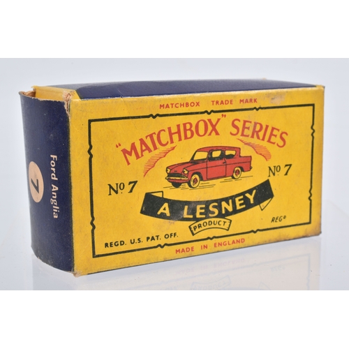 77 - SEVEN BOXED MOKO LESNEY MATCHBOX SERIES BRITISH CARS, Ford Anglia, No.7, grey plastic wheels, Austin... 