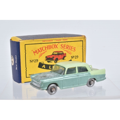 77 - SEVEN BOXED MOKO LESNEY MATCHBOX SERIES BRITISH CARS, Ford Anglia, No.7, grey plastic wheels, Austin... 