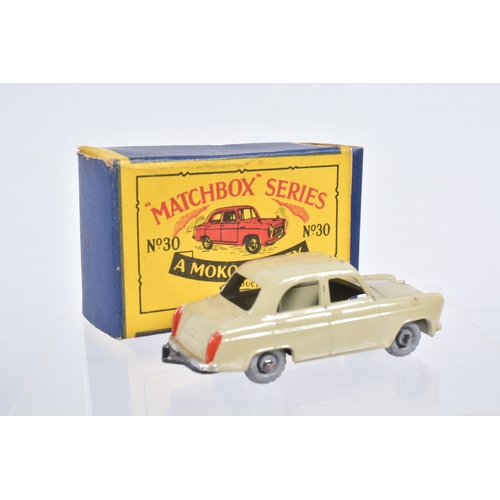 77 - SEVEN BOXED MOKO LESNEY MATCHBOX SERIES BRITISH CARS, Ford Anglia, No.7, grey plastic wheels, Austin... 