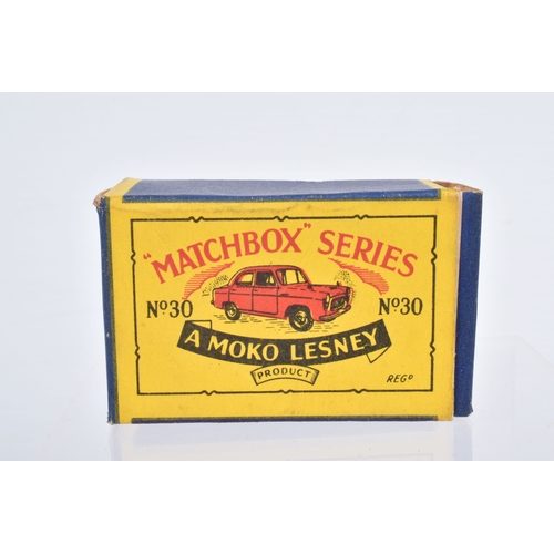 77 - SEVEN BOXED MOKO LESNEY MATCHBOX SERIES BRITISH CARS, Ford Anglia, No.7, grey plastic wheels, Austin... 