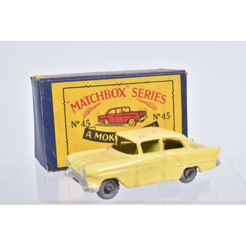 77 - SEVEN BOXED MOKO LESNEY MATCHBOX SERIES BRITISH CARS, Ford Anglia, No.7, grey plastic wheels, Austin... 