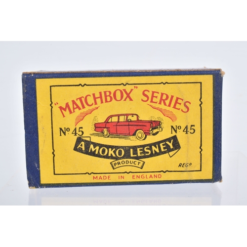 77 - SEVEN BOXED MOKO LESNEY MATCHBOX SERIES BRITISH CARS, Ford Anglia, No.7, grey plastic wheels, Austin... 