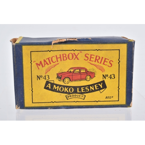 77 - SEVEN BOXED MOKO LESNEY MATCHBOX SERIES BRITISH CARS, Ford Anglia, No.7, grey plastic wheels, Austin... 